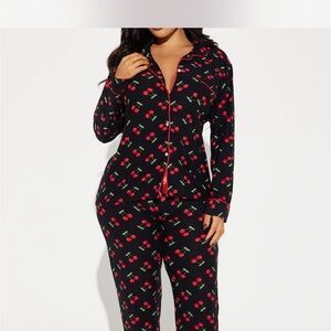 Cherry Print Black Pajama Set
